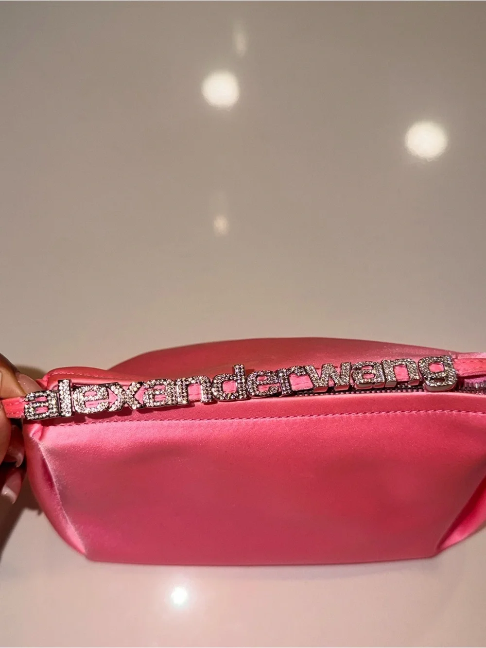Alexander Wang Pink Satin Logo Crystal Strap Mini Bag